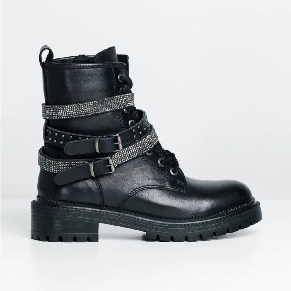 Black Studded Rhinestone Combat Moto Boot